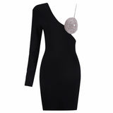 Long One Sleeve Rhinestone Cup Mini Dress-Outfit