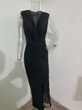 Fongt 2024 New Light Ripe Wind Leopard Print Low Collar Waist Slit Sexy Dress-Outfit