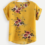 Fongt Style 2024 New Women's Round Collar Flower Short Sleeve Irregular Top In Stock-Outfit