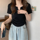 Fongt Sense V-Neck Draw Rope Slim Pure Desire Wind Short Sleeve T-Shirt Women's Wear 2024 Summer New Solid Color Student Jacket