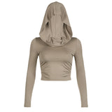 Wrinkled Hooded Tight Long-Sleeved T-Shirt 2023 Summer New Waste Dune Style Leisure Jacket-Outfit