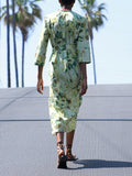 Fongt Tea Wind 2025 Spring New Fashion V-Neck Small Fresh Green Printing Belt Decorative Dress