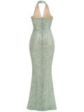 Halter Deep V Neck Sequin Maxi Dress-Outfit
