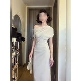 Fongt Waist Temperament Bag Folding Dress Dress Women's Summer Neckline Shoulder-To-Shoulder Temperament