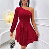 Fongt Winter New Fashion Women's Hot Diagonal Shoulder Long Sleeve Solid Color Waist Sexy Wind Dress-Outfit