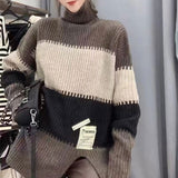 Vintage Striped Spliced Sweaters 2023 Autumn Winter Casual Turtleneck Female Clothing Korean Split Patch Designs Jumpers-Outfit