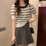 Fongt Ice Silk Striped Knitted Short-Sleeved T-Shirt For Women's 2023 Summer New High-Waisted Loose Bubble Sleeve Short