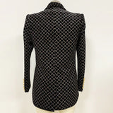 STREET 2022 Newest Designer Blazer Women's Lion Buttons Shawl Collar Classic Plaid Glitter Embellished Velvet Blazer