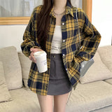 Vintage Plaid Print Long Sleeve Blouse-Outfit