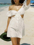 Fongt Spring Fashion New Sexy Hot Girl Collar Bubble Cuffed Embroidery Short Dress