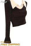 Winter Fashion Women's Fake Two Piece Lapel Collar Knitwear Sweaters Black Casual Slim Pullover Tops All-Match Korean