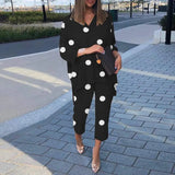 Bohemian Summer Polka Dots Printed Holiday Matching Sets Long Sleeve O-Neck High Low Blouse Femme Fashion Casual