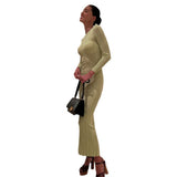 Fongt Sexy Elegant Dress Solid Color Long Sleeve Round Neck Wrap Hip Long Skirt Women's