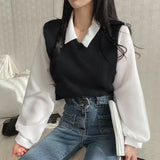 Polo Collar Patchwork Long Sleeve Blouse-Outfit