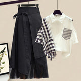 Women Summer korean two pieces set for women streetwear off the shoulder striped patchwork blouse and irregular mesh skirts