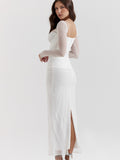 Mesh Long Sleeve Maxi Corset Dress Sexy Spaghetti Strap Bodycon Dress White Event Formal Occasions Women Clothing-Outfit