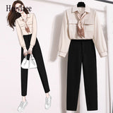 Women Autumn Long Sleeve Blouse And Black Long Pants Sets Office Ladies Elegant Bow Collar Two Pieces Set For Women