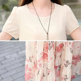 Boho Floral Chiffon Skirts 2 Piece Sets Women Oversized 5xl Suits Short Sleeve Blouse Printted Mid Skirt Beach