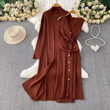 Fongt Temperament Long Knitted Shawl Coat + Light Luxury Metal Buckle Vest Dress Set