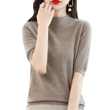 Fongt And Summer Loose And Versatile Wool Knit Short Sleeve Women Plus-Size Round-Neck Solid Color Bottom Knit T-Shirt Thin-Outfit