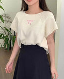 Round Neck Bow Print Short Sleeved Knitted Top-Outfit