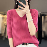Fongt The Summer Of 2023, Women's Knit Short Sleeve Korean V-Neck Solid Color T-Shirt And A Pit Top-Outfit
