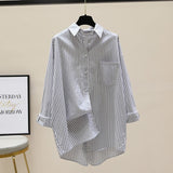 Fongt Spring And Autumn New Han Fan Literature And Arts Front Short And Rear Long Shirt Women Long Striped Shirt Casual Coat