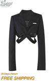 Autumn New Chic Long Sleeve Turn Down Collar Cross Waist Hollow Out Slim Blazer Women Streetwear Black Crop Top Coat