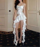 White Satin Irregular Hem Lace Patchwork Ruffles Mini Dress-Outfit