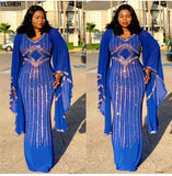 New African Dresses for Women Dashiki Diamond African Clothes Bazin Broder Riche Sexy Slim Ruffle Sleeve Robe Evening Long