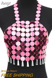 Sexy Shiny Sequin Beach Tank Tops Women Fashion Sequined Tassel Halter Backless Crop Top Festival Hollow Out