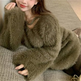 Fongt Fufu Soft Waxy Imitation Mink Wool Clothes Autumn Winter Gentle Lazy Wind V Collar Outside Wear A Loose Jacket-Outfit