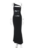 Black One Shoulder Slit Design Maxi Dress-Outfit