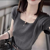 Version Gentle Style Knitted Sweater Women's New Style 2024 Spring And Summer 100 Small Square Collar With Short Sweater Bottomed And Short Sleeves-Outfit