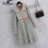 Women Autumn Winter Vintage Plaid Knitted Sweater Dresses 2022 V Neck Striped Patchwork Knitwear Mini Short