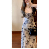 Fongt Chinese Ink Butterfly Print Sling Dress Summer Women's Holiday Style Body Bagg Hip Dress Chiffon