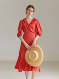 Fishtail Red Floral Women Dress Wrap Bandage Ruffle V-Neck Half Slevee Women 2022 Summer New Women Loose Waist