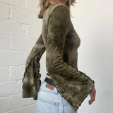 Fongt Print Tie-Dye Color Long-Sleeved T-Shirt New V-Neck Y2K Crop Top-Outfit