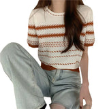 Kong Flavor Retro Chic Striped Shoulder Short Sleeve T-Shirt Girls Summer Thin Retro Thin Ice Silk Knitted Shirt