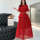 Fongt Wear Women's Summer Dress High-Sense Three-Dimensional Flowers Strap To The Waist Short Sleeve Pressure Folding Blouse High Waist Half-Body Skirt Tide