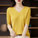 Fongt The Summer Of 2023, Women's Knit Short Sleeve Korean V-Neck Solid Color T-Shirt And A Pit Top-Outfit
