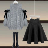 Winter Two Piece Sets Womens Outfit For Women Off The Shoulder Bow Diamond Knitted Sweater And Pleated Skirts Sets 4XL