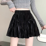 Velvet Bow Pleated Mini Skirt-Outfit