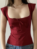 Fongt Hot Girl Style Tie With Short-Sleeved T-Shirt Design BM Style Slim Short Knitting Waist Top