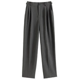 High Waist Straight Long Trousers Loose Waist Full-Length Panst Office Lady Solid Spring Pleated Grey
