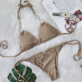 Fongt 2023 New Sexy Metal Accessories Rhinestone Women's Split Swimsuit Plain Strap