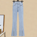 Fongt Slim Hot Girl Top With A Two-Piece Set With Slit Jeans-Outfit