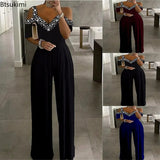 2023 Women's Elegant Jumpsuits with Sequins Sexy Solid High Waist Jumpsuit Women Wide-leg Short Sleeve Jumpsuit for
