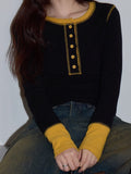 Fongt Design Sense Black Collar Splicing Woman 2025 Autumn High-End Temperament Waist Repair Knitted Long-Sleeved Top