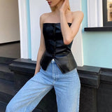 Black Pu Leather Button Up Sleeveless Top-Outfit